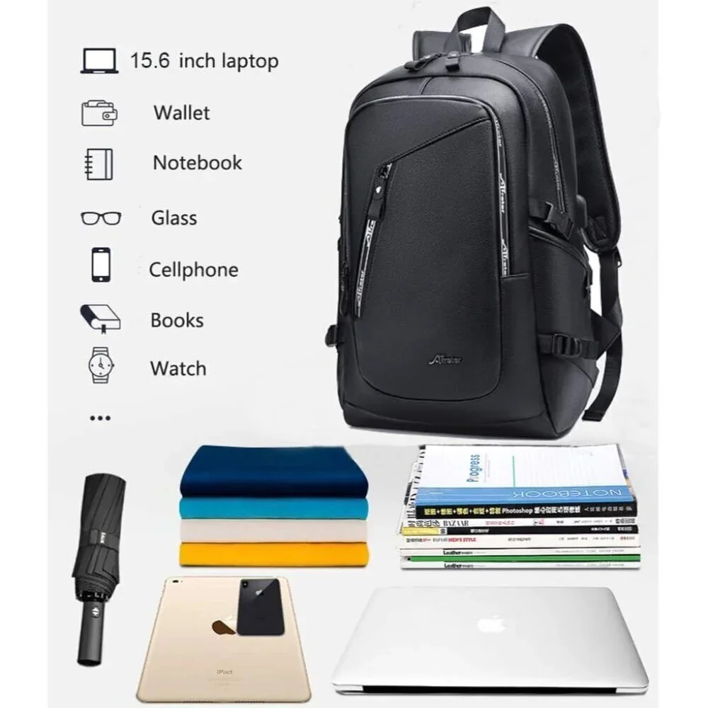 ✨DYJ Men Black Vegan Leather Laptop Backpack Travel Daypacks with Port Laptop